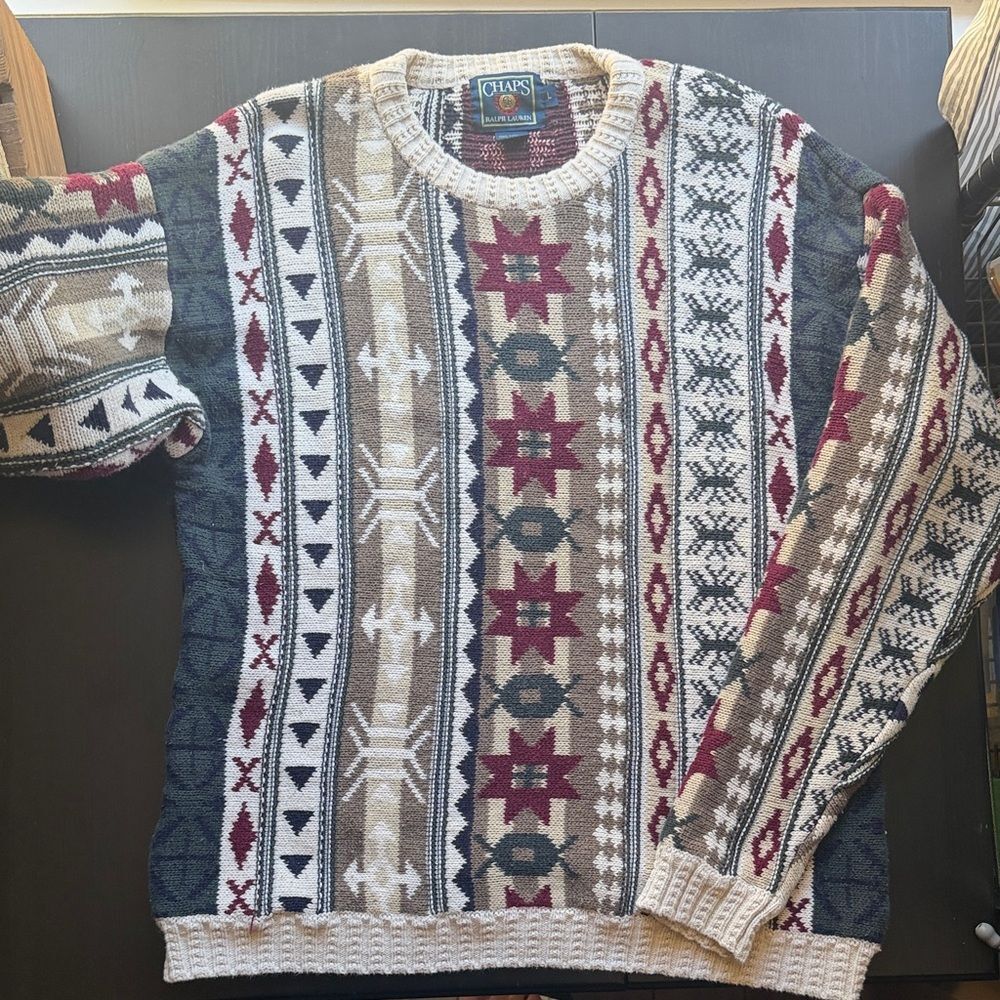 Vintage Ralph Laurenx Chaps Patchwork Tribal Aztec 100% Cotton Knit Sweater L